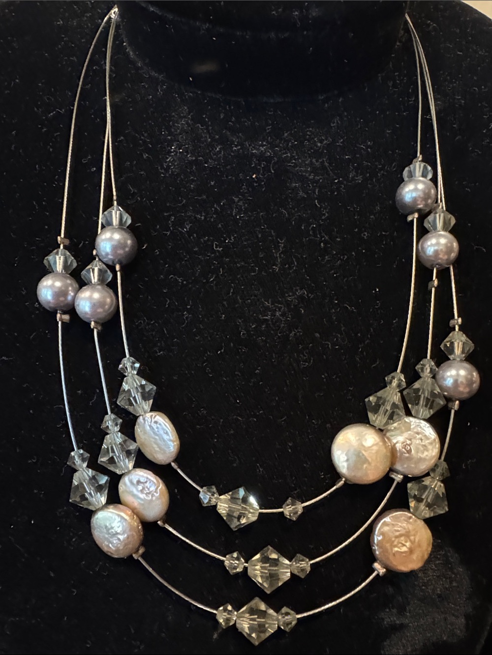Silvery Gray Coin Pearl and Crystal Bead Multi-Strand Necklace